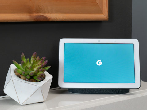 Nov 2019, UK - Google Nest Hub booting up with Google logo