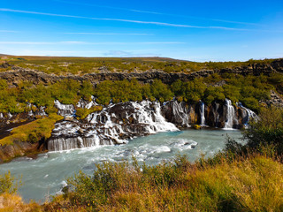 View of waterfall in autumn Iceland 