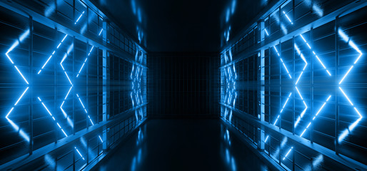 Neon Laser Stage Cyber Virtual Blue Glowing Beams On Metal Steel Wire Mesh Structure Fence Reflective Floor Dark Night Empty Background 3D Rendering