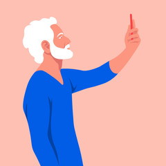 An old man takes a selfie and holds his smartphone in his hand. A grandfather is photographed for a social network. Vector flat illustration