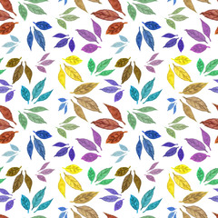 Seamless watercolor pattern with colorful leaves. Isolated on white. Design for card, poster or wallpaper.