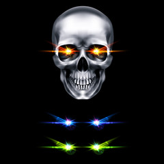 Human Metallic Skull with Orange Glowing Eyes. The Concept of Death, Horror. A Symbol of Spooky Halloween. Isolated Object on a Black Background, Can be Used with any Image