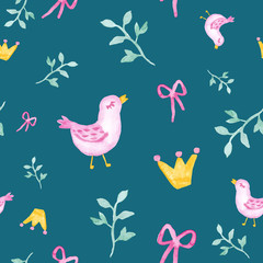 Fototapeta premium Birds with branches and crown watercolor painting - hand drawn seamless pattern on navy blue