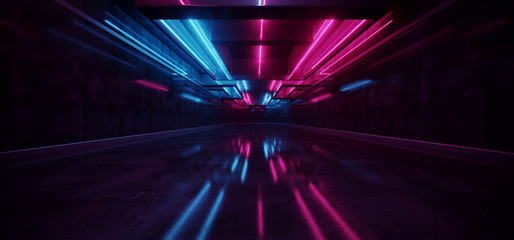 Laser Show Club Dark Neon Sci Fi Futuristic Retro Purple Blue Glowing Ceiling Lights Concrete Grunge Garage Stage Tunnel Room Hall 3D Rendering © IM_VISUALS