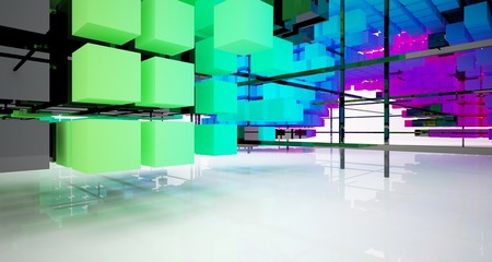 Abstract white and colored gradient  interior from array cubes with large window. 3D illustration and rendering.