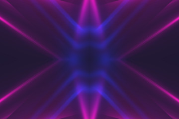 Dark abstract futuristic background. Neon lines glow. Neon lines, shapes. Multi-colored glow, blurry lights, bokeh. Empty stage background