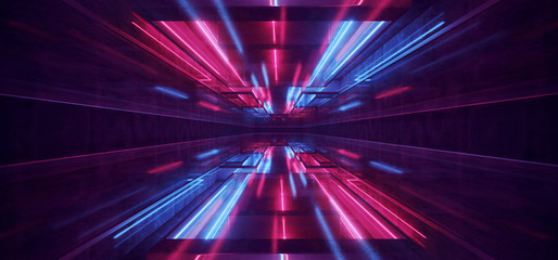 Laser Show Club Dark Neon Sci Fi Futuristic Retro Purple Blue Glowing Ceiling Lights Concrete Grunge Garage Stage Tunnel Room Hall 3D Rendering