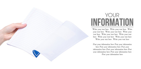 School exercise book notebook in hand education on white background isolation, space for text