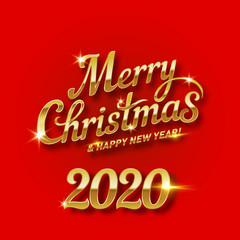 Merry Christmas Golden Lettering for Invitation and Greeting Card, Prints and Posters. Hand Drawn Inscription, Calligraphic Design on Red Background