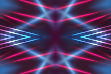 Dark abstract futuristic background. Neon lines glow. Neon lines, shapes. Multi-colored glow, blurry lights, bokeh. Empty stage background