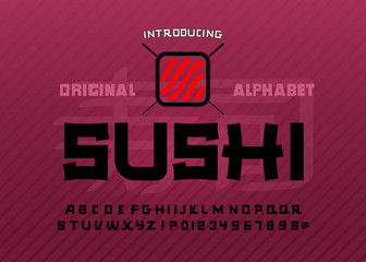 Vector handwritten display font. Japanese style Typeface. Retro ABC. Hand Made Asian Alphabet. English letters and numbers.Logo of Bar or Shop Sushi. Vector Illustration.