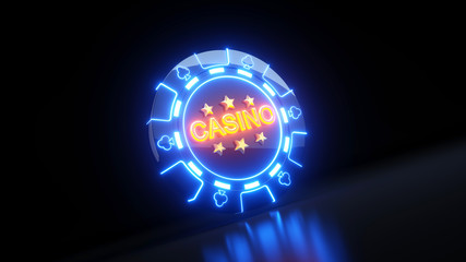 Playing Chips in Clubs Symbol Concept With Neon Lights - 3D Illustration