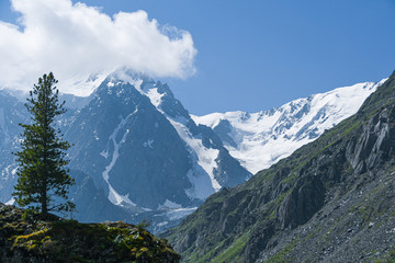 Rocks under blue sky with clouds. Mountain Hiking, summer tourism