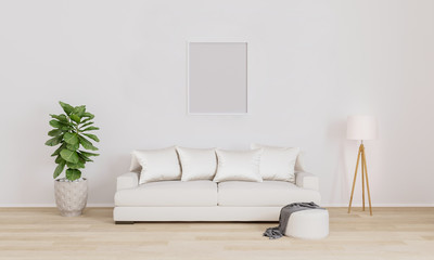 Blank poster/picture frame for mockup. Bright living room with white sofa, white modern lamp, plant.  Furnished living room with white wall and wooden floor.3d illustration. Interior design.