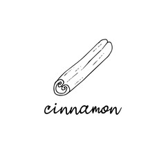 Cinnamon stick spice in the style of doodle. Isolated food illustration with the inscription. Black and white vector