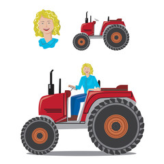 A farm tractor with farmer woman driving isolated on white background in retro style, a vintage vector stock illustration with white blonde young or mature girl driver on a red tractor