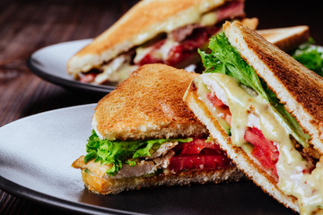 Sandwich bread tomato, lettuce and yellow cheese for breakfast