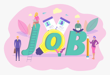 Job search, recruitment, workgroup, web graphic design. Summary. Resume. Colorful Vector Illustration