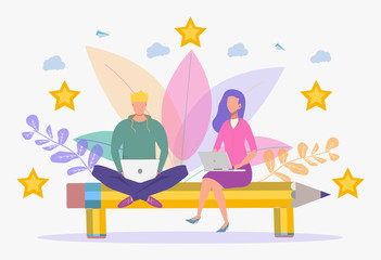 Colorful illustration on white background. The best performance score, a score of five. people leave reviews and comments, the highest rating for successful work.