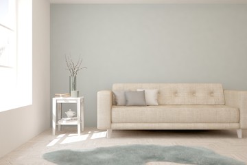 Stylish room in white color with sofa. Scandinavian interior design. 3D illustration