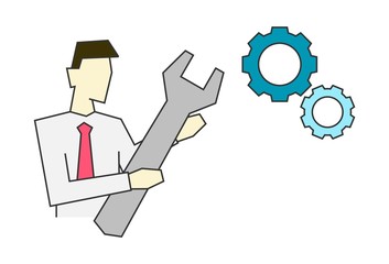 Businessman holding big wrench line illustration on white background. Editable stroke