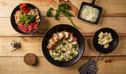 Assortment of  food dishes. Top view. Wooden table, Free space for your text.