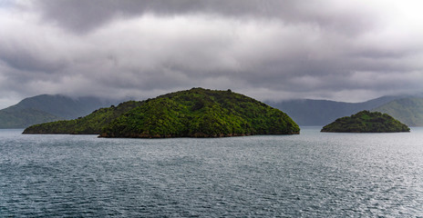 green, uninhabited island in Queen Charlotte Sound