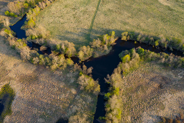 Forest in spring colors. Green deciduous trees and meandering blue river in sunset. Rabivere bog, Estonia, Europe