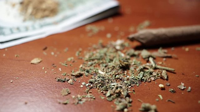 marijuana on the table, preparing to twist the jamb