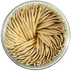 Toothpicks in a jar on a white background, top view