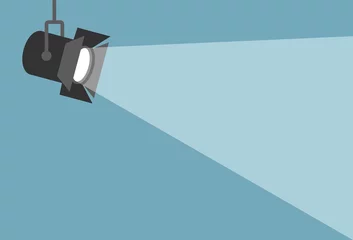 Poster Im Rahmen Spotlight glänzende flache Abbildung. Filmscheinwerfer auf blauem Hintergrund. Flache Vektorgrafik © pixelalex