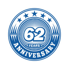 62 years logo. Sixty-two years anniversary celebration logo design. Vector and illustration.