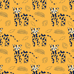 Abstract leopard masked on an orange background, cartoon vector seamless pattern for children. Print for textile, fabric, wallpaper, wrapping, fabric. © inna_tan