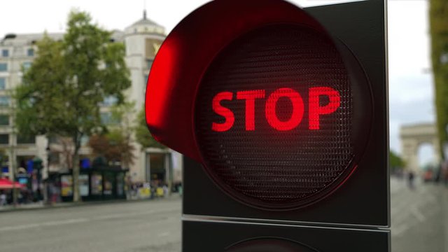 STOP text on red traffic light signal. Forex related conceptual 3D animation