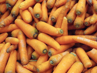 Fresh orange carrots on the store shelf.