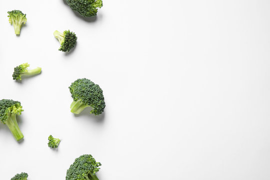 Fresh Tasty Broccoli On White Background, Top View