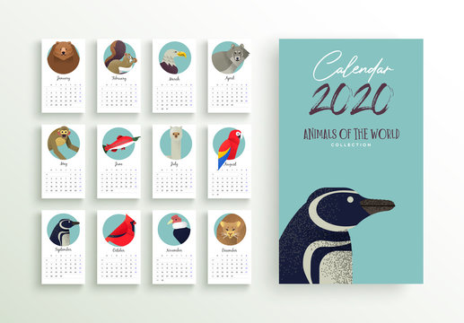 2020 Year calendar planner template of wild animal