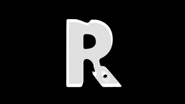 4K Animated water splashes filling R letter isolated on a black background with alpha matte