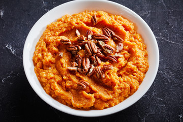 close-up of delicious sweet potato mash, top view
