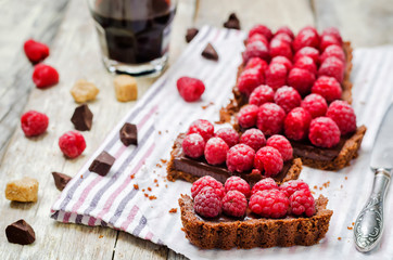 chocolate tart with chocolate filling and fresh raspberries