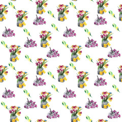 Bouquet of flowers watercolor lilac purple happy spring flora seamless pattern on white background for design of paper and textile, greeting card