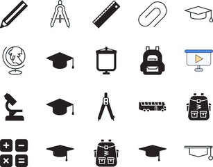 school vector icon set such as: round, line, calculator, accounting, blueprint, collection, passenger, arrival, auto, screen, projector, transportation, graph, calipers, plan, connect, sphere