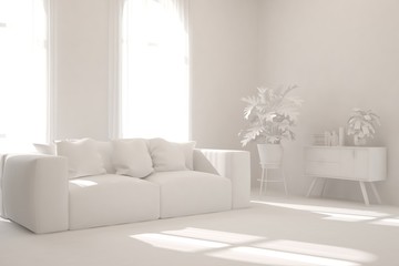 Mock up of stylish room in white color with sofa. Scandinavian interior design. 3D illustration