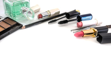 female cosmetics on a white background. Everything for makeup.