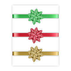 Set of bows of red, green and golden colors isolated on white background, vector eps 10 format, illustration in realistic style
