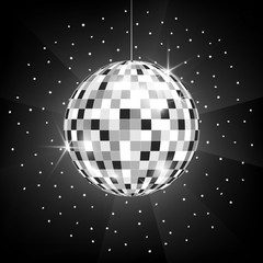 Vector icon of Disco or mirror silver ball on black background. Glitter ball for dance party, night club, symbol of fun. Light rays and reflection of mirror globe on dark backdrop. 