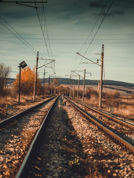 Railway line through rural landscape, Iskar, Bulgaria