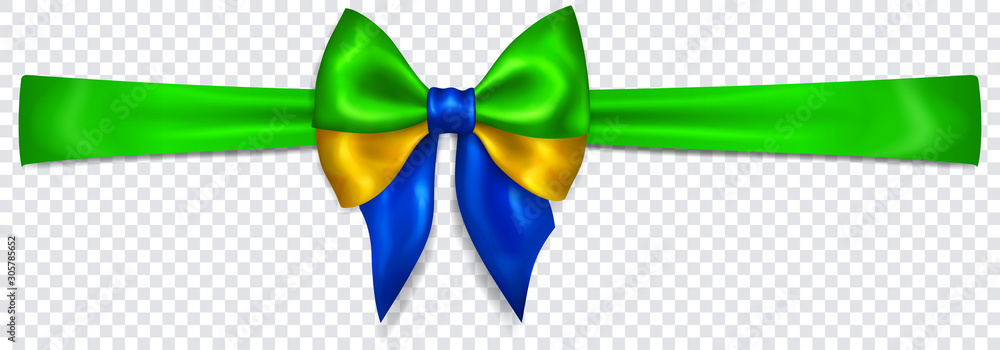 Wall mural beautiful bow in colors of brazil flag with horizontal ribbon with shadow on transparent background.