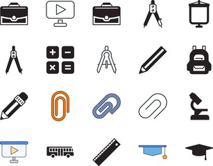 school vector icon set such as: play, wood, industry, medicine, class, grad, connect, calculate, auto, mortar, stop, length, network, rucksack, studying, general purpose, designer, master, microscope