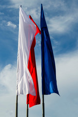 Flag of Russia against the blue sky